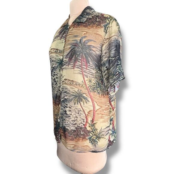 Vintage 90s Citron Santa Monica Top Silk Tropical Scenic Blouse Semi Sheer Shirt - Picture 3 of 11